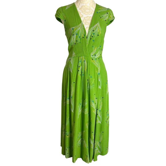 Free People Dresses & Skirts - Free People Midi Dress Boho Fit Flare Floral Cap Sleeve Surplice Green 2